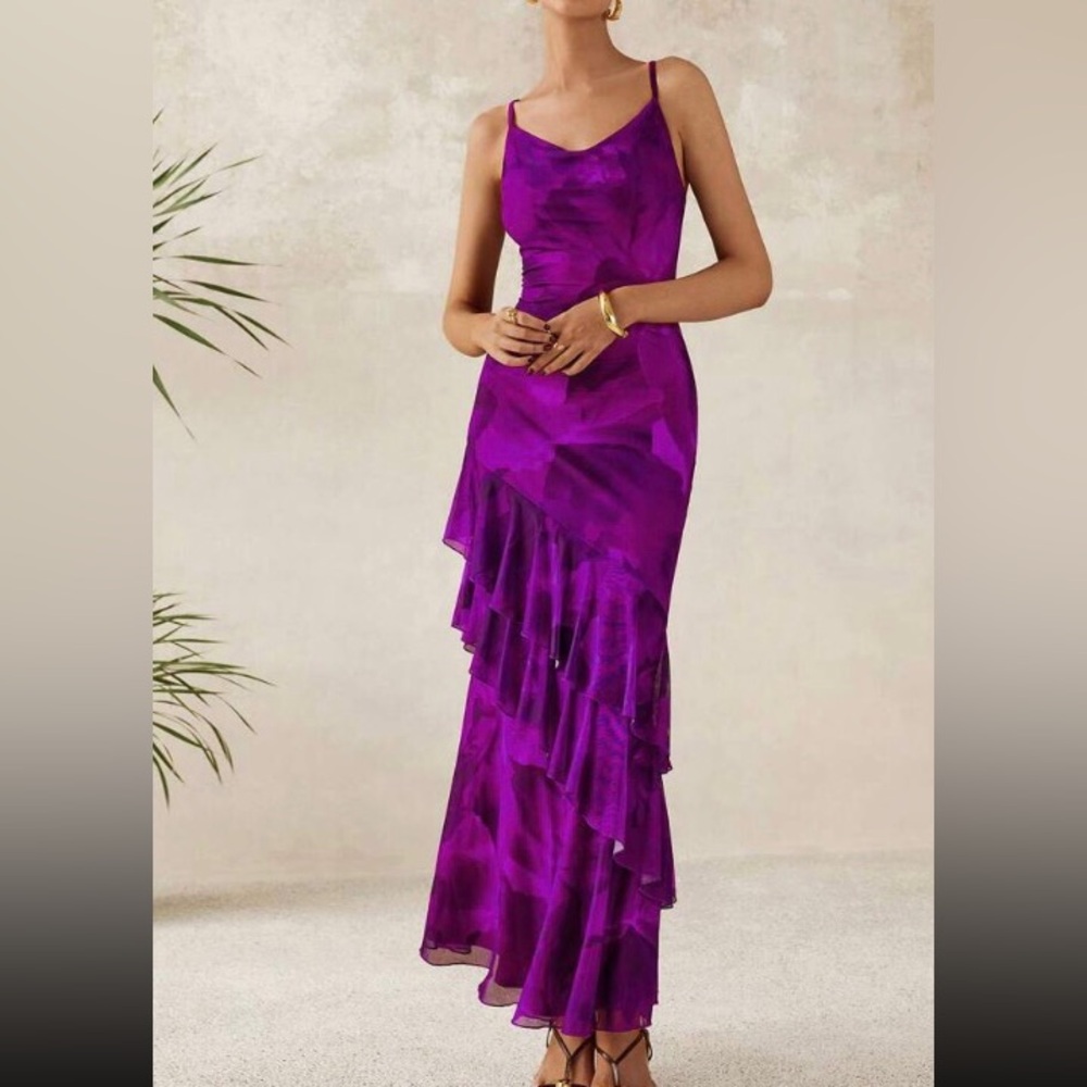 Sleeveless Purple Floral Ruffled Maxi Dress - Picture 4 of 5